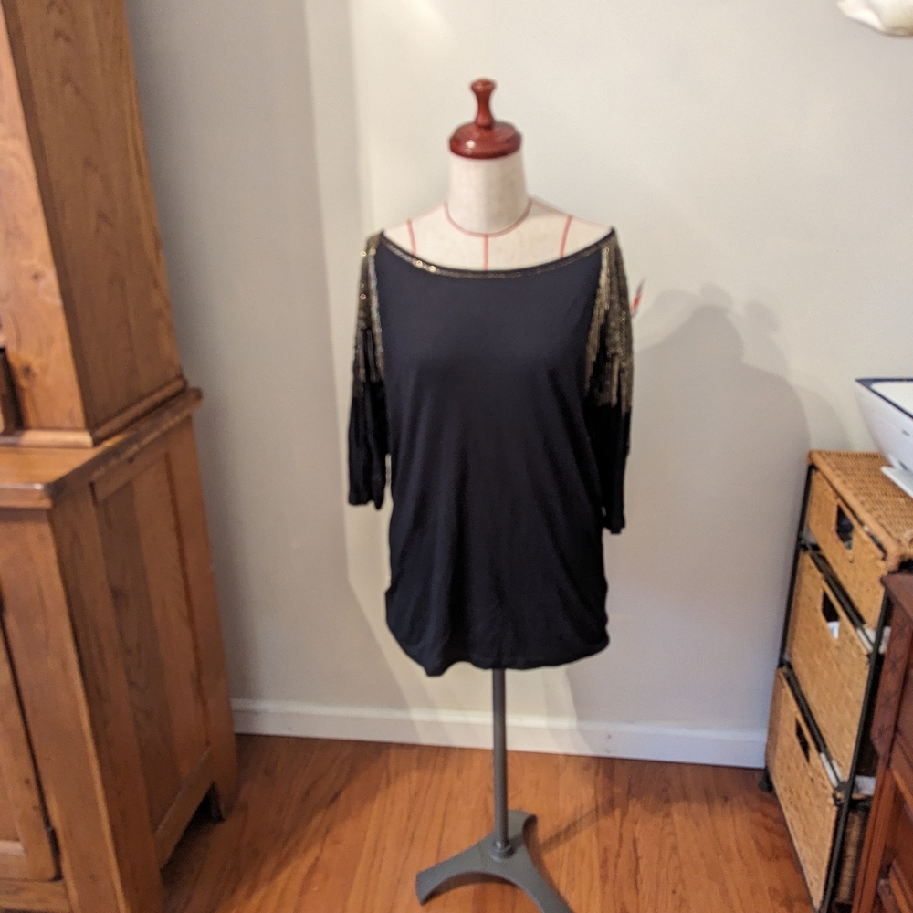 NWT HH Haute Holiday Hippie Blouse Top Size Medium Sequin Semi Sheer Black